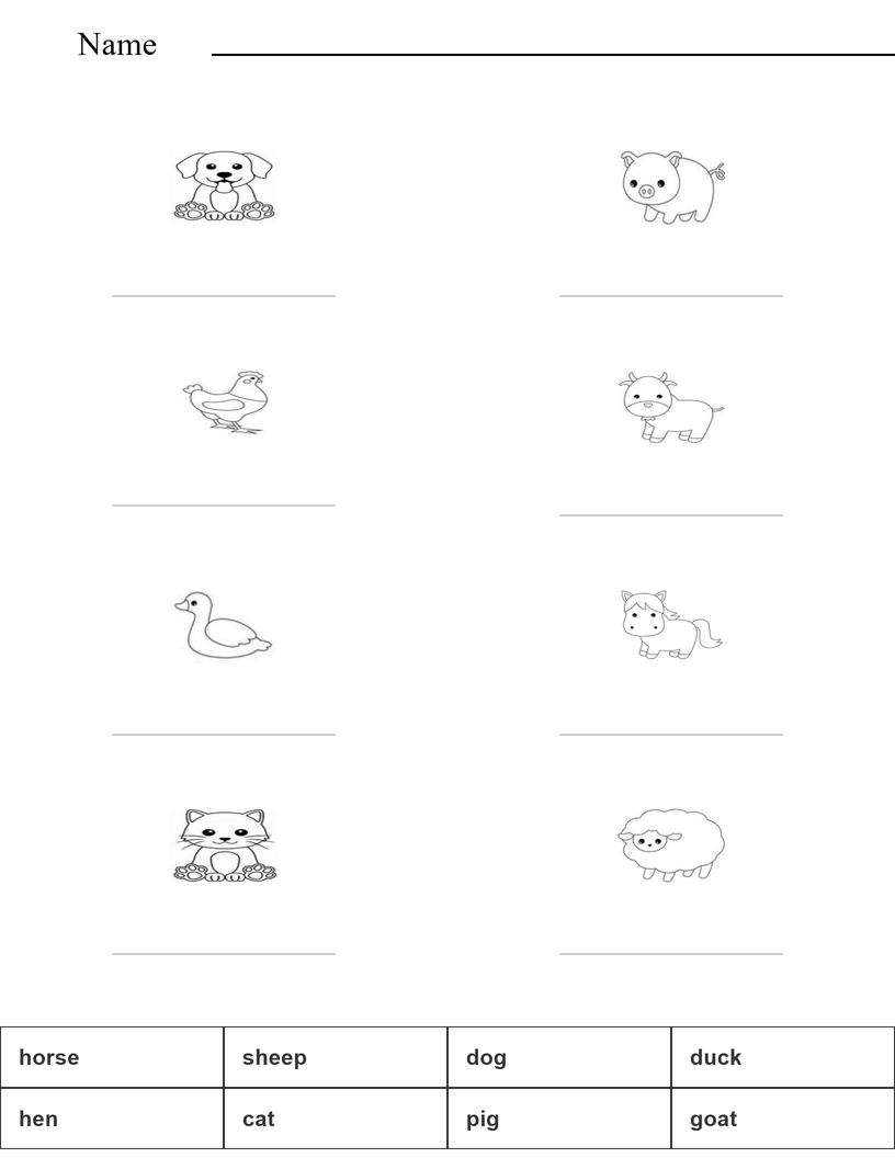 Match the words with the pictures, farm animals worksheet