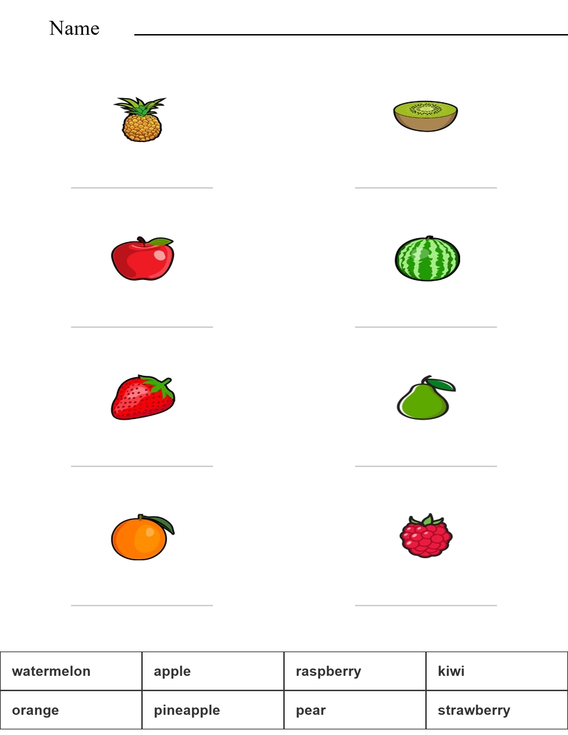 Match the words with the pictures - fruits worksheet