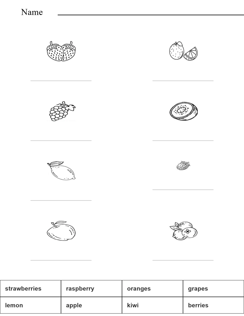 Match the words with the pictures - fruits worksheet