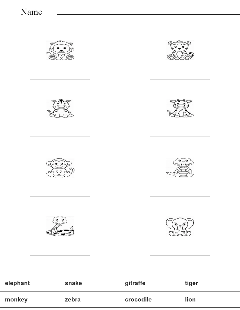 Match the words with the pictures - safari animals worksheet
