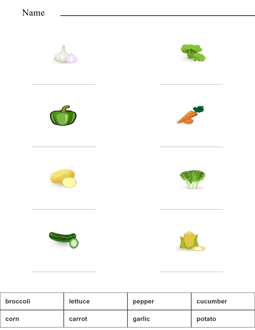 Match the words with the pictures - vegetables worksheet