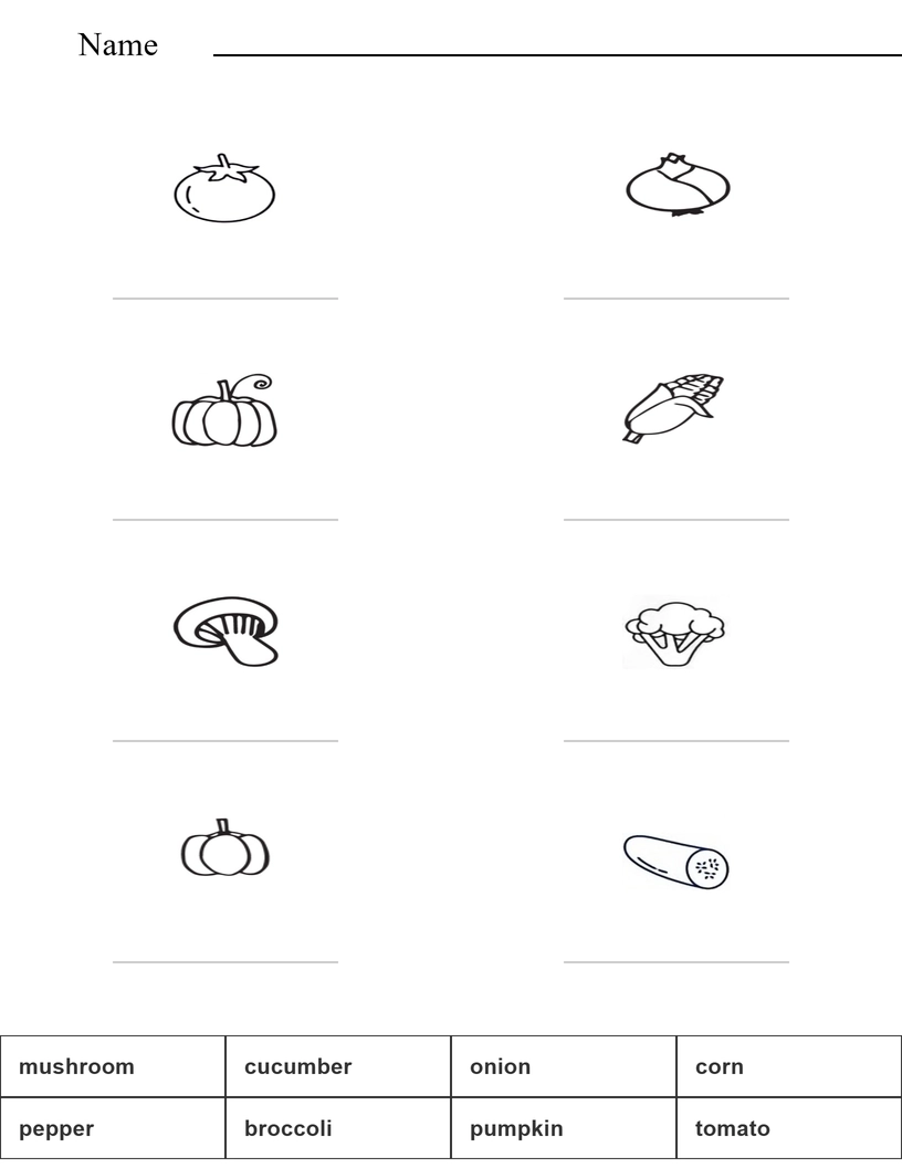 Match the words with the pictures - vegetables worksheet