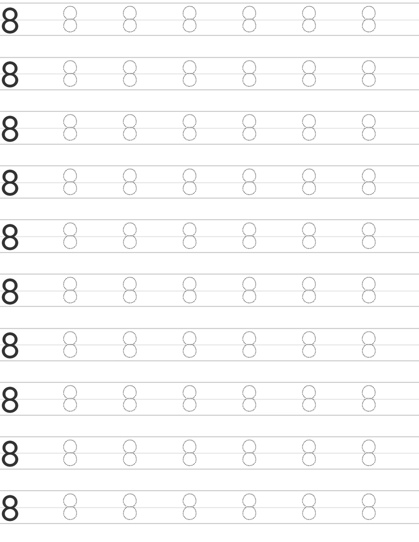 Number Eight 8 Writing Skills with Printable Tracing Worksheets worksheet