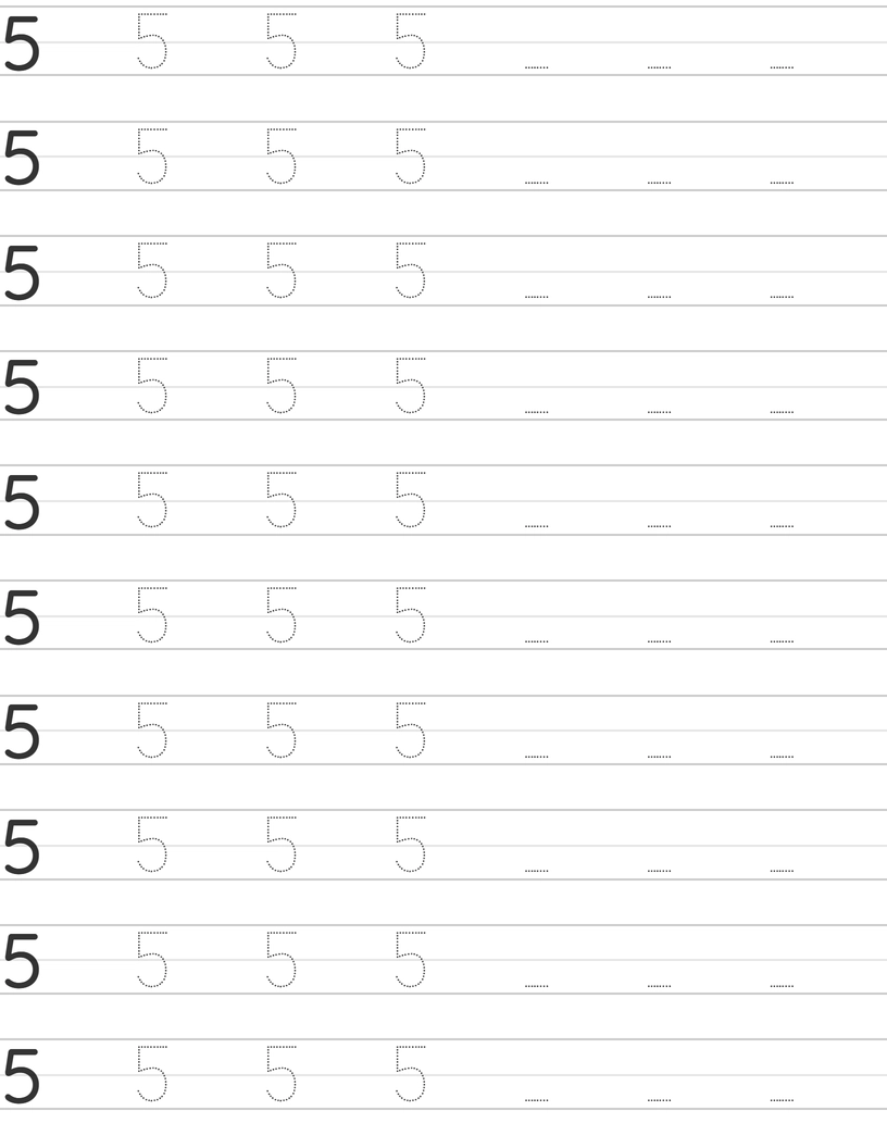 Number Five 5 Writing Skills with Printable Tracing Worksheets worksheet