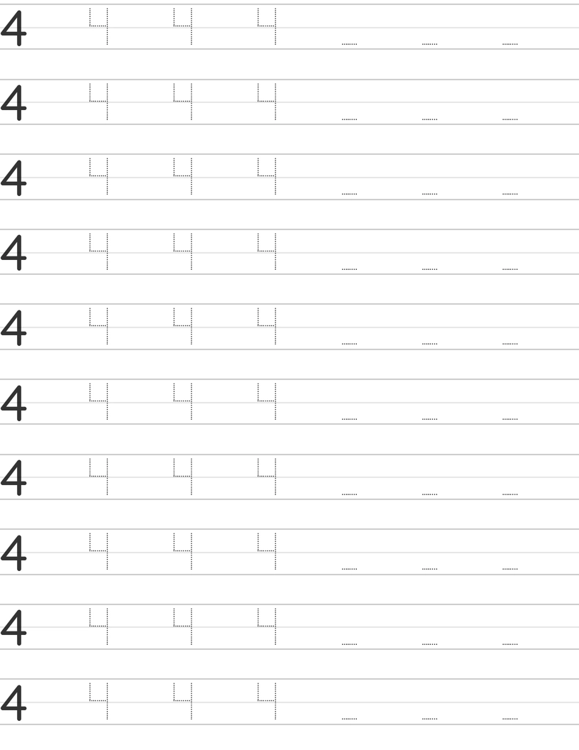 Number Four 4 Writing Skills with Printable Tracing Worksheets worksheet