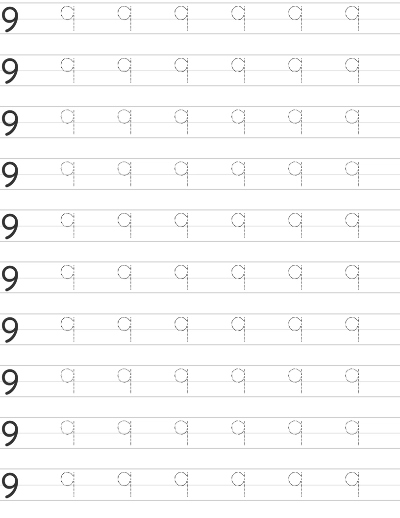 Number Nine 9 Writing Skills with Printable Tracing Worksheets worksheet