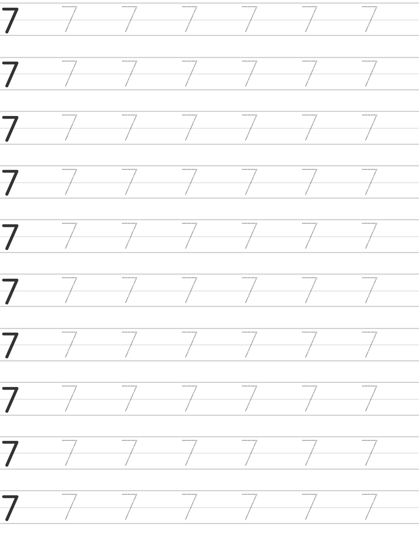 Number Seven 7 Writing Skills with Printable Tracing Worksheets worksheet