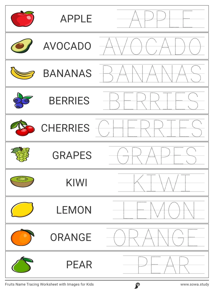 Fruits Name Tracing Worksheet with Images for Kids worksheet