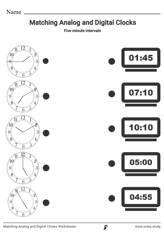 Matching Analog and Digital Clocks Worksheets – Free Printable PDF | Sowa Study worksheet