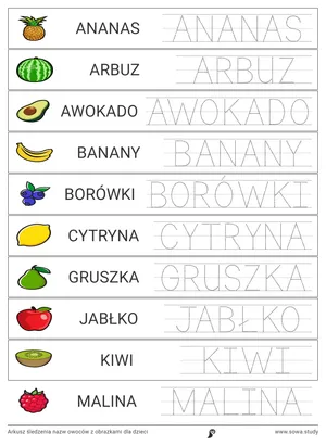 Arkusz śledzenia nazw owoców z obrazkami dla dzieci Arkusz śledzenia nazw owoców z obrazkami dla dzieci