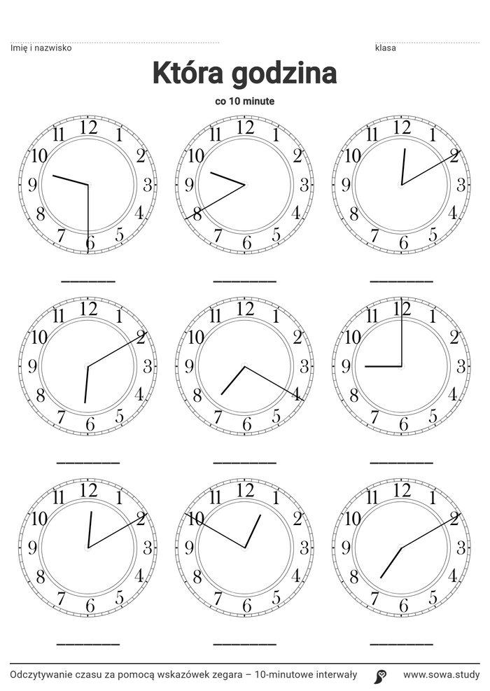 Odczytywanie czasu za pomocą wskazówek zegara – 10-minutowe interwały worksheet