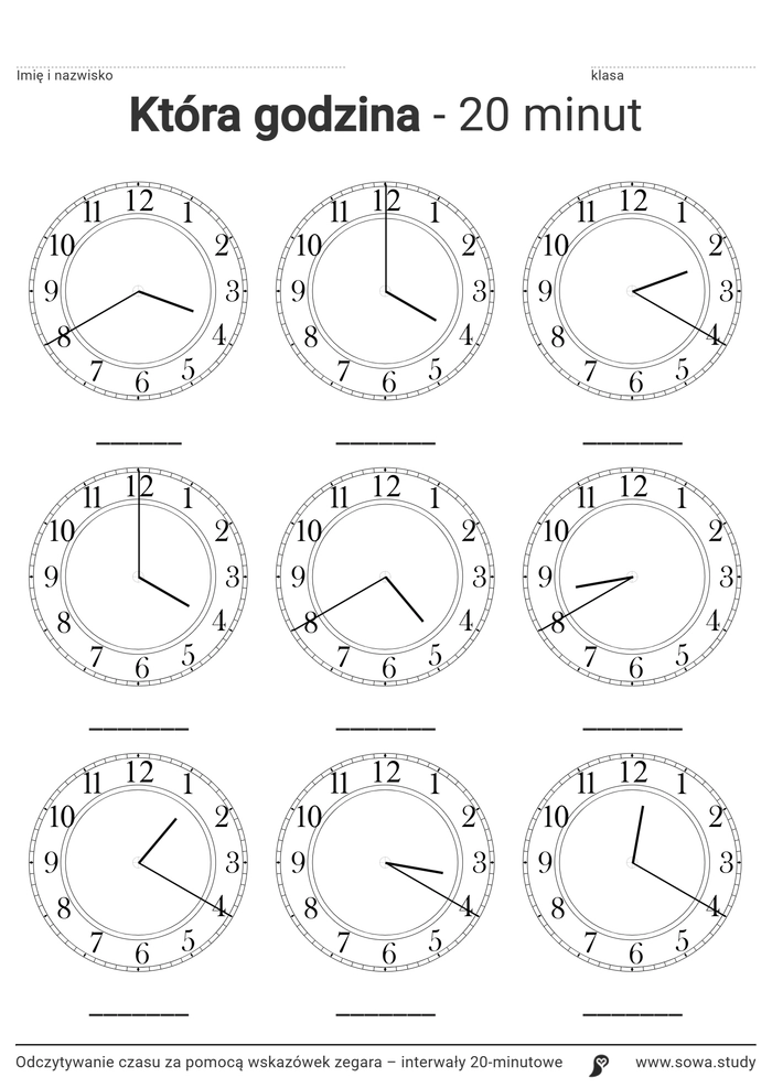 Odczytywanie czasu za pomocą wskazówek zegara – interwały 20-minutowe worksheet