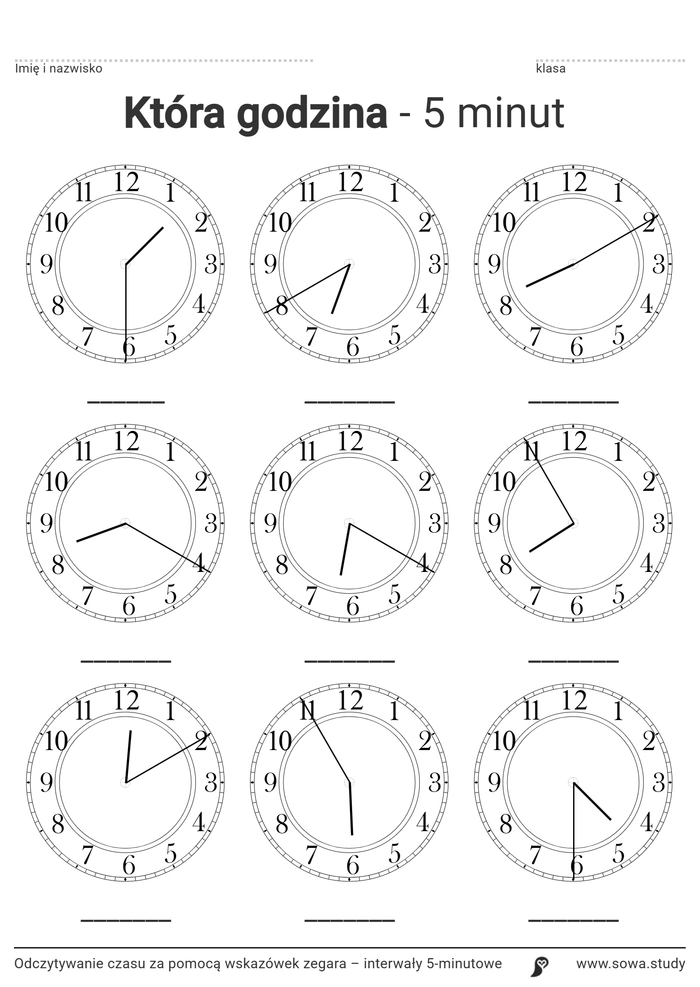 Odczytywanie czasu za pomocą wskazówek zegara – interwały 5-minutowe worksheet