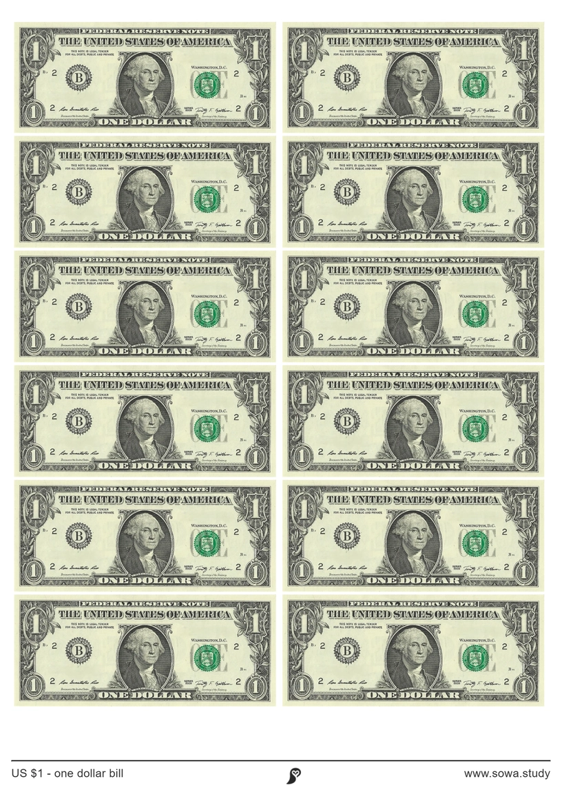 US $1 - one dollar bill worksheet