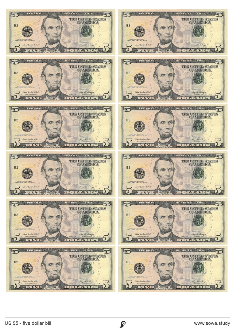 US $5 - five dollar bill worksheet