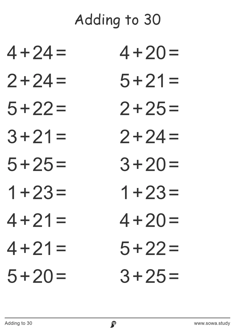Adding to 30 worksheet