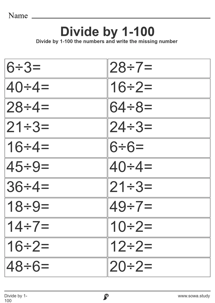 Divide by 1-100 worksheet