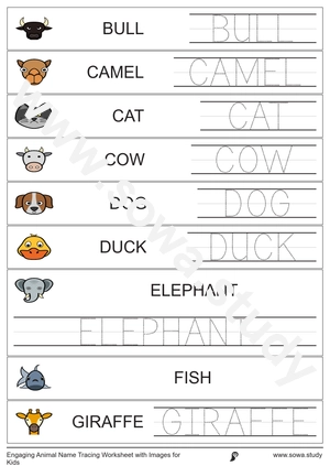 Engaging Animal Name Tracing Worksheet with Images for Kids
