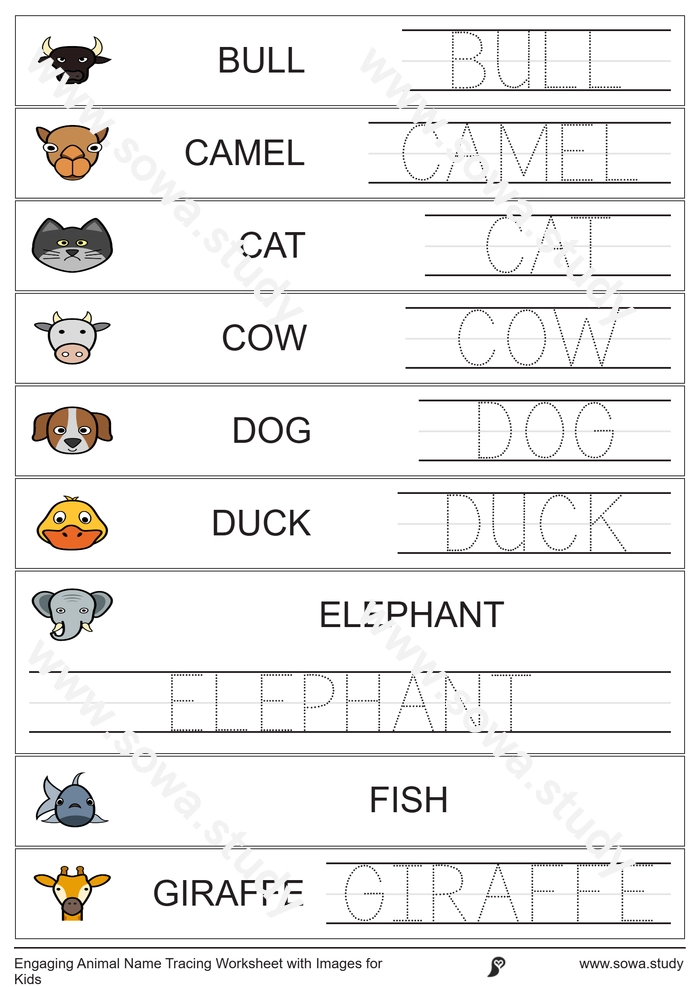 Engaging Animal Name Tracing Worksheet with Images for Kids worksheet
