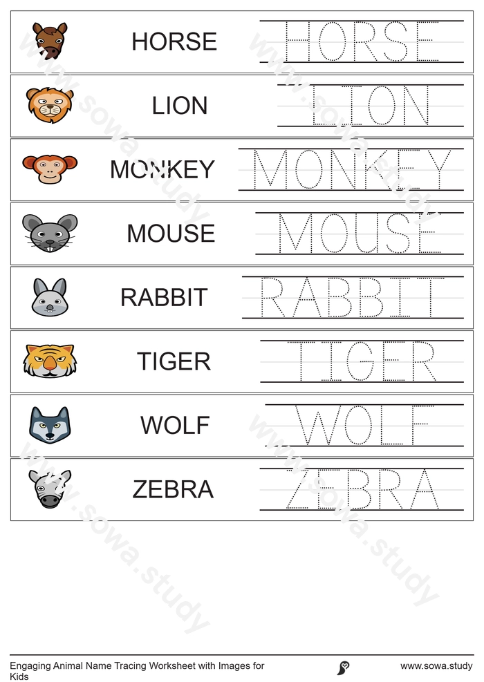 Animal Name Tracing Worksheet with Pictures – version 1