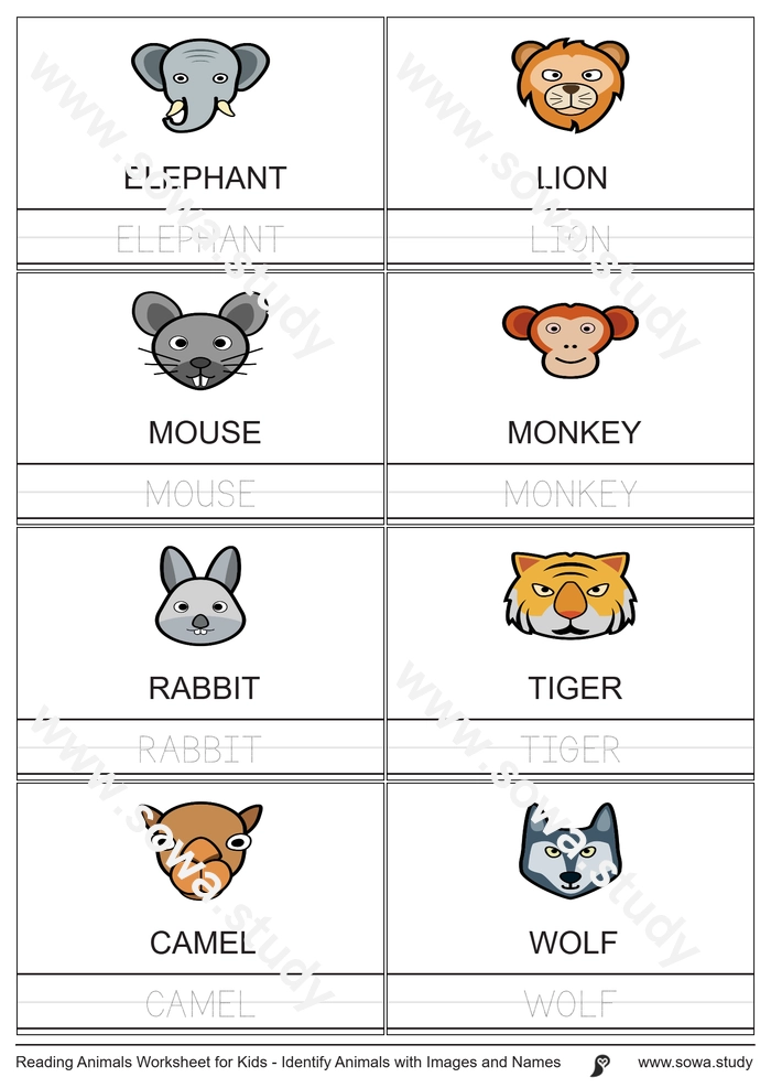 Reading Animals Worksheet for Kids - Identify Animals with Images and Names worksheet