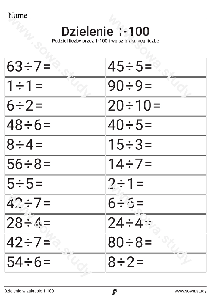 Dzielenie w zakresie 1-100 worksheet