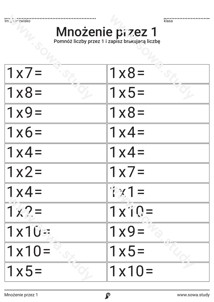 Mnożenie przez 1 worksheet