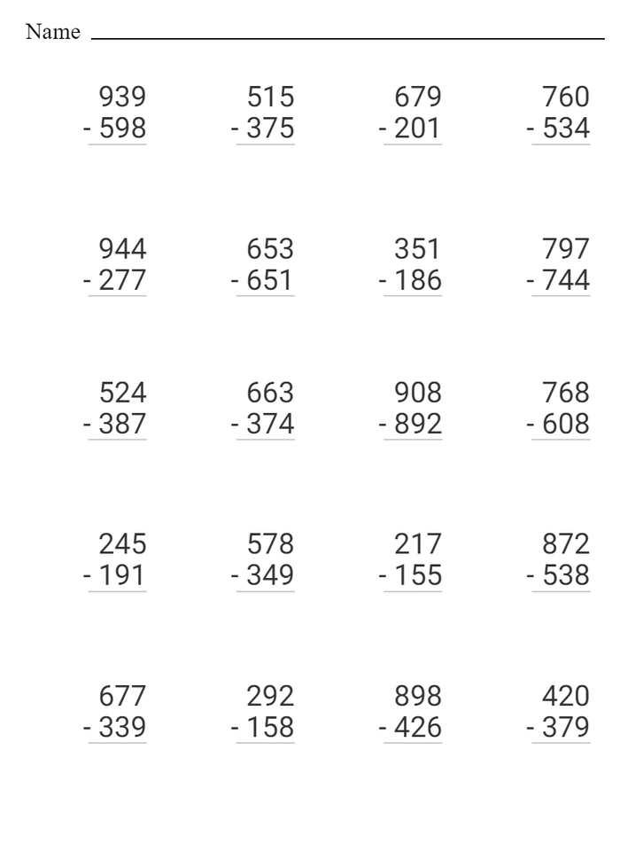 3 -Digit Subtraction worksheet
