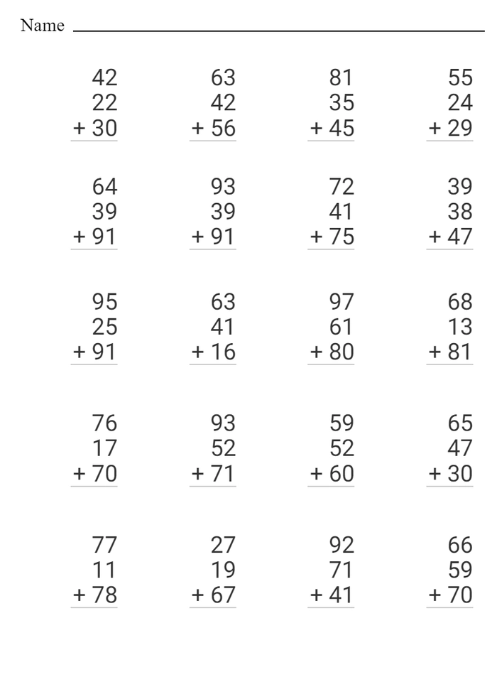 Double Digit Addition Without Regrouping, three numbers worksheet