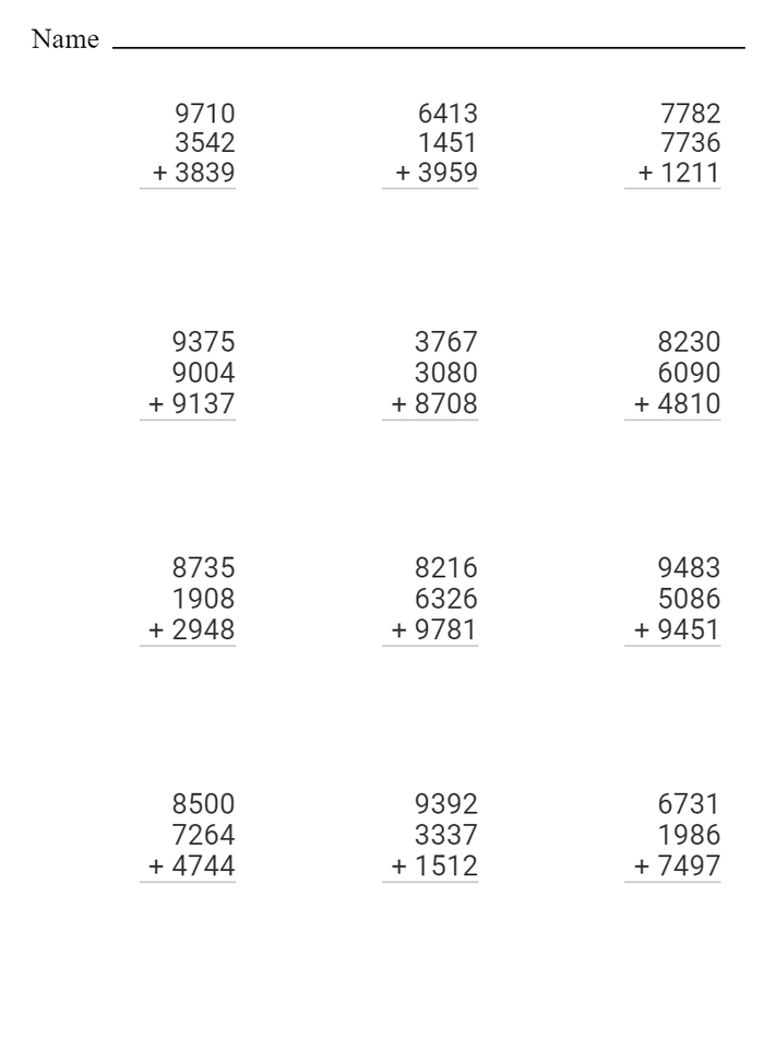 Four number addition regrouping worksheet