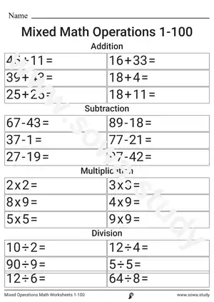 Mixed Operations Math Worksheets 1-100