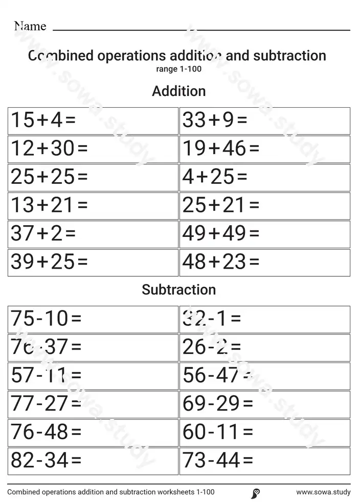 Combined operations addition and subtraction worksheets 1-100 Combined operations addition and subtraction worksheets 1-100 worksheet