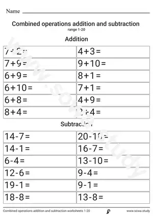 Combined operations addition and subtraction worksheets 1-20