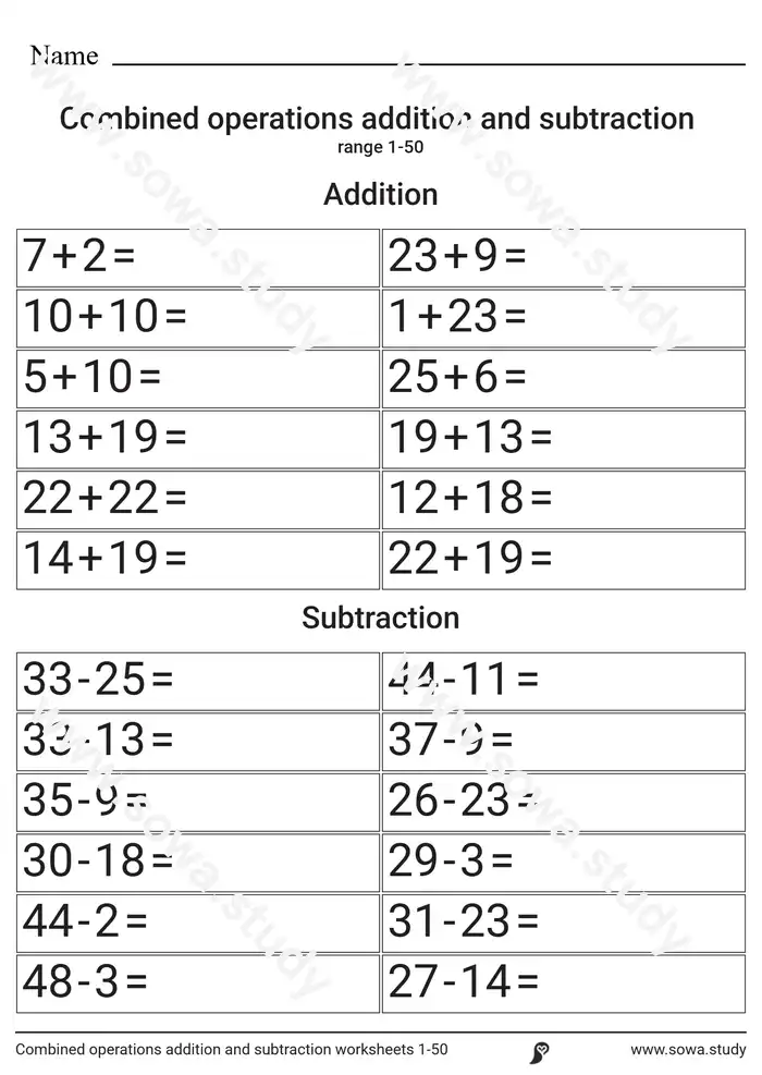 Combined operations addition and subtraction worksheets 1-50 worksheet