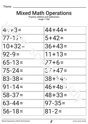 Mixed addition and subtraction 1-100 Worksheets 