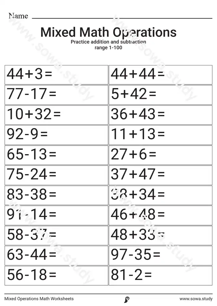Mixed addition and subtraction 1-100 Worksheets Mixed addition and subtraction 1-100 Worksheets worksheet