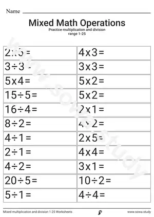 Mixed multiplication and division 1-25 Worksheets 