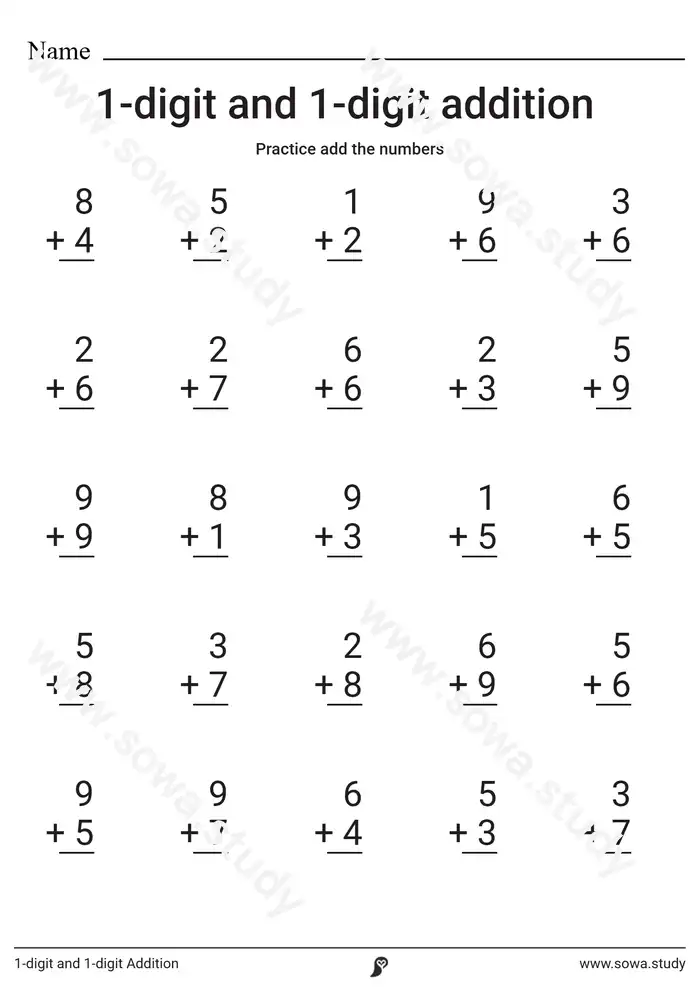 1-digit and 1-digit Addition worksheet