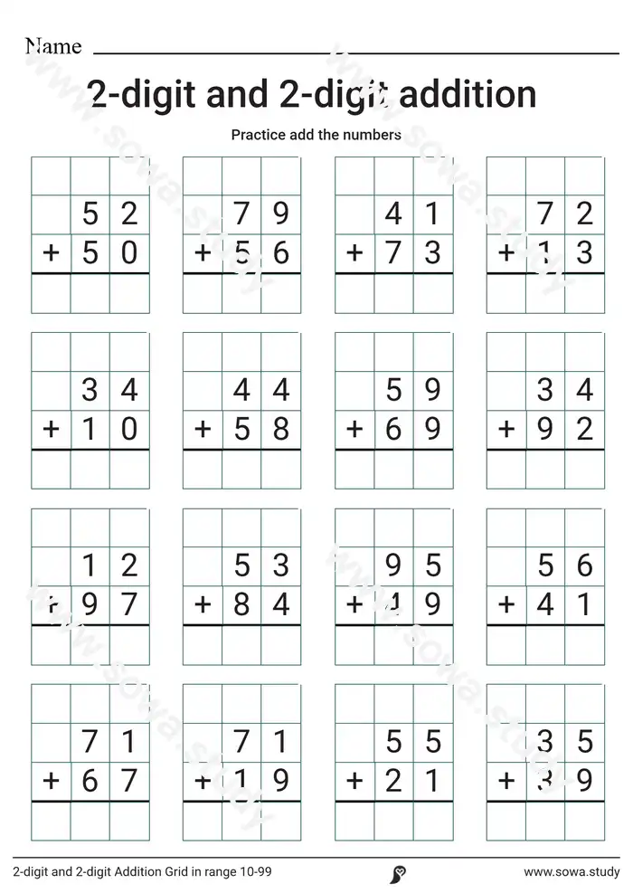 Cuadrícula de suma de 2 dígitos y 2 dígitos en el rango 10-99 Cuadrícula de suma de 2 dígitos y 2 dígitos en el rango 10-99 worksheet