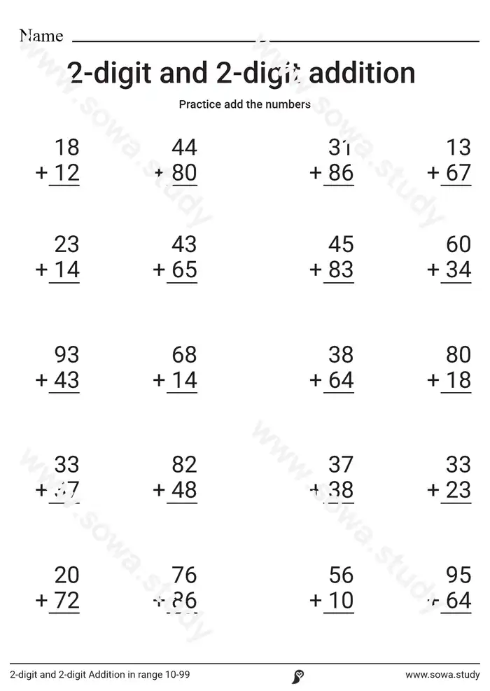 2-digit and 2-digit Addition in range 10-99 worksheet