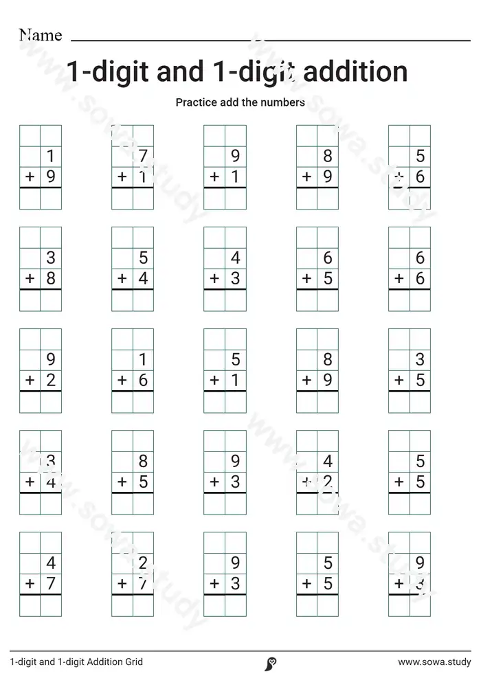 1-digit and 1-digit Addition Grid worksheet