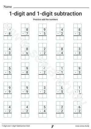 1-digit and 1-digit Subtraction Grid