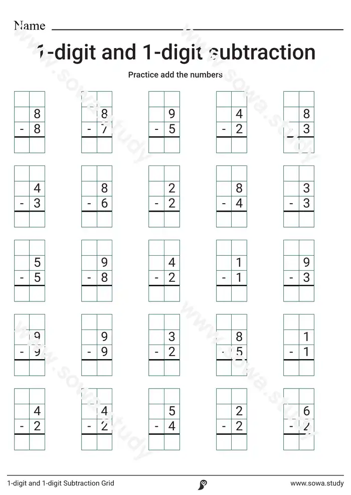 1-digit and 1-digit Subtraction Grid 1-digit and 1-digit Subtraction Grid worksheet