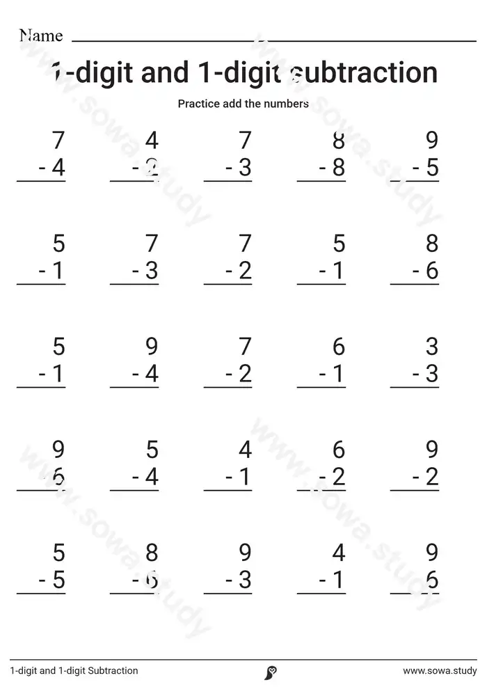 1-digit and 1-digit Subtraction worksheet