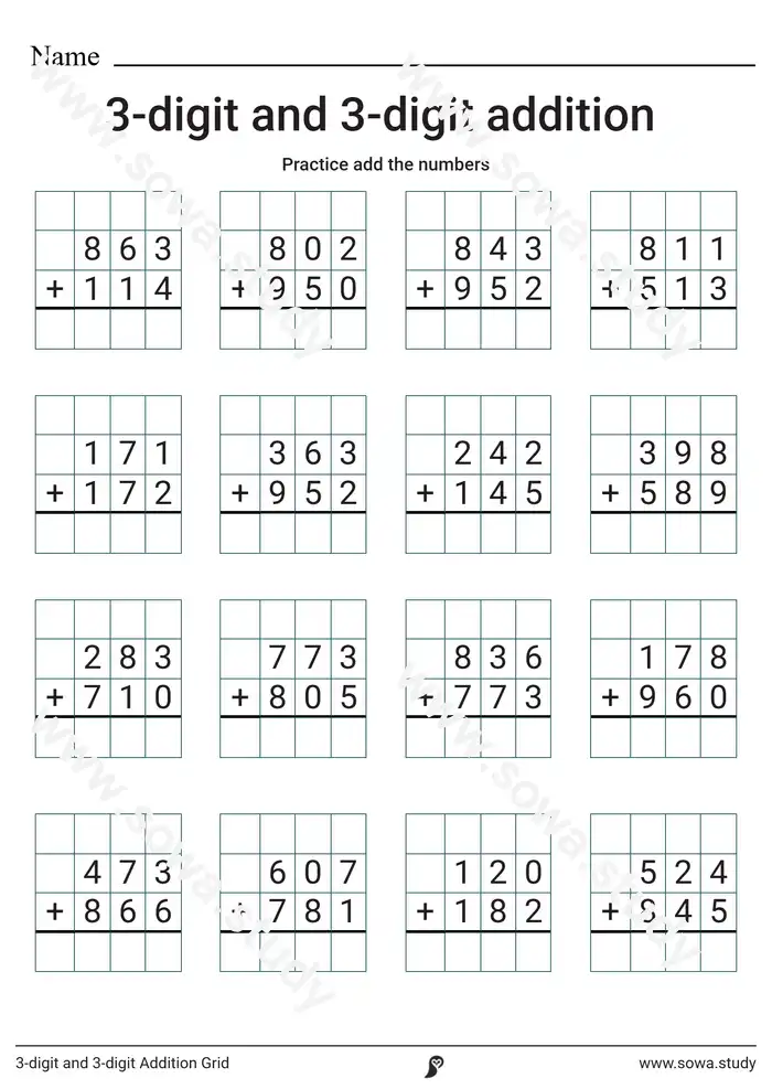 3-digit and 3-digit Addition Grid 3-digit and 3-digit Addition Grid worksheet