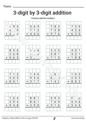 3-digit by 3-digit Addition Grid  in range 100-999