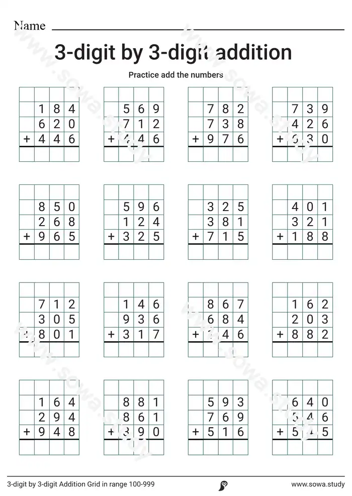 3-digit by 3-digit Addition Grid  in range 100-999 worksheet