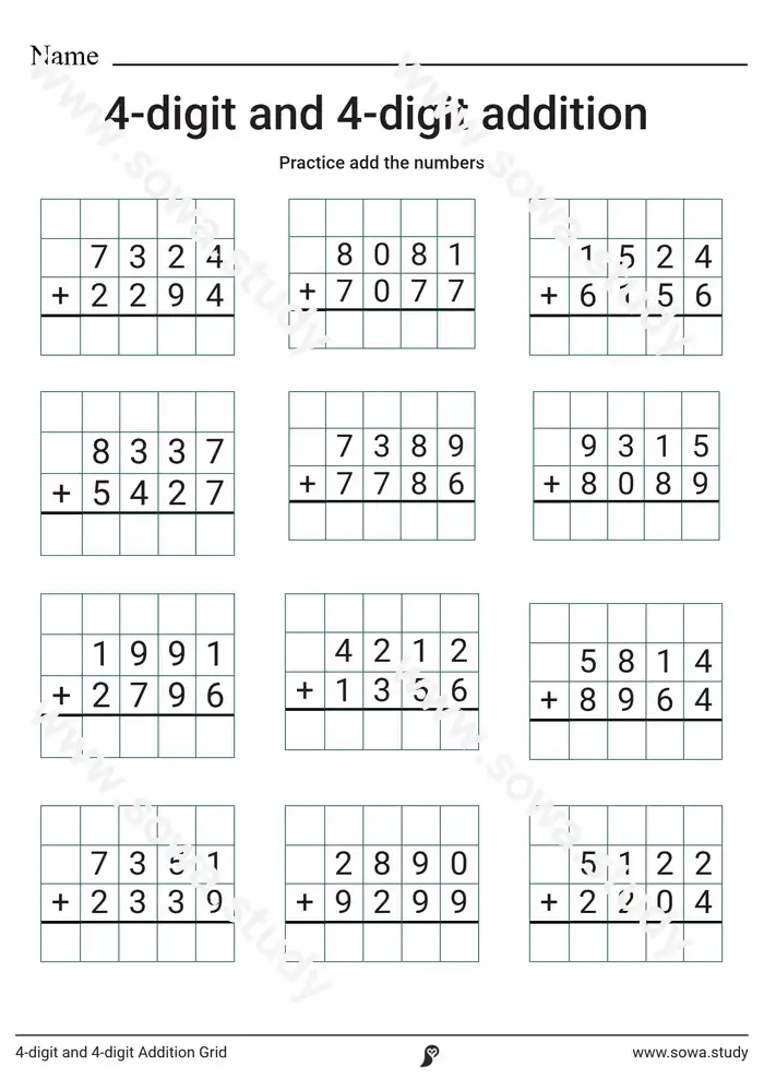 4-digit and 4-digit Addition Grid 4-digit and 4-digit Addition Grid worksheet