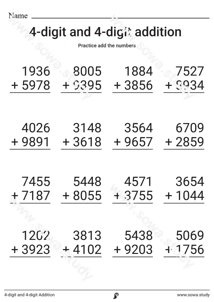 4-digit and 4-digit Addition 4-digit and 4-digit Addition worksheet
