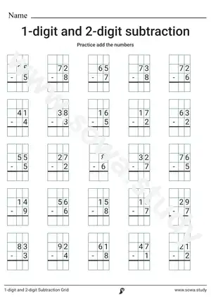 1-digit and 2-digit Subtraction Grid